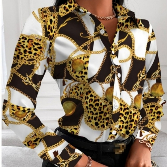 Classy chain print long sleeve button-up blouse. - Picture 3 of 3